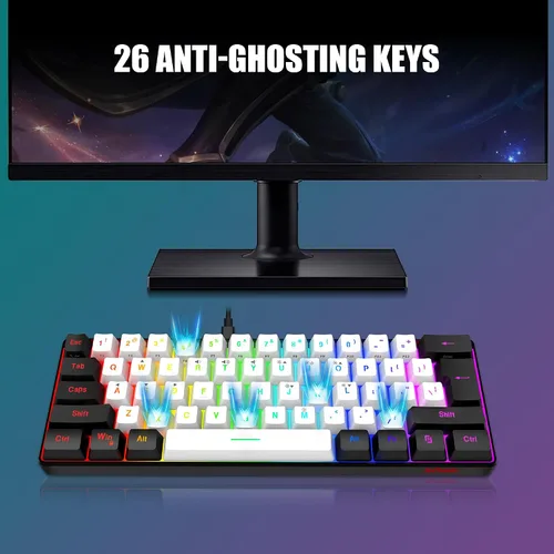 Vista 4 de RedThunder Combo de teclado y mouse 60% para juegos, mini teclado ultra compacto con retroiluminación RGB de 61 teclas, mouse óptico ligero de 7200
