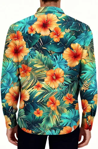 Vista 5 de Camisa hawaiana de manga larga con botones florales tropicales para hombre, camisas de playa con estampado de flores, camisas casuales de viaje