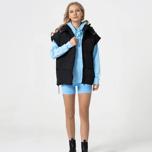 Vista 34 de Shiyifa Chaleco acolchado para mujer, chaqueta de gran tamaño, sin mangas, ligera, con cremallera, con capucha desmontable