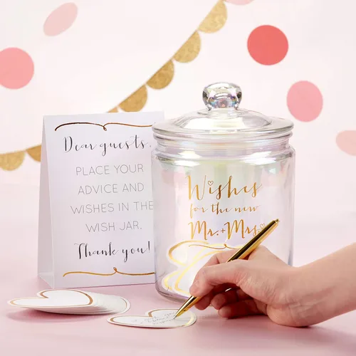 Vista 3 de Kate Aspen Tarro iridiscente de deseos de boda con 100 tarjetas en forma de corazón, libro de invitados, decoraciones de despedida de soltera