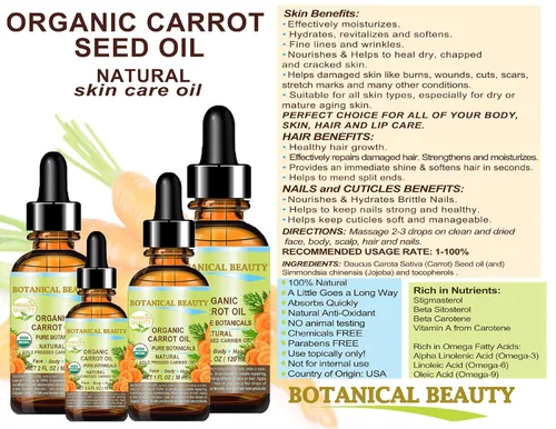 Vista 6 de Botanical Beauty Aceite orgánico de semillas de zanahoria, 100% puro, virgen sin refinar, aceite portador prensado en frío sin diluir para cara