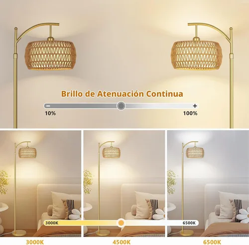 Vista 2 de eyassi Lámpara de pie de arco con 3 temperaturas de color, lámpara de pie LED dorada con control remoto y bombilla regulable continua, lámpara