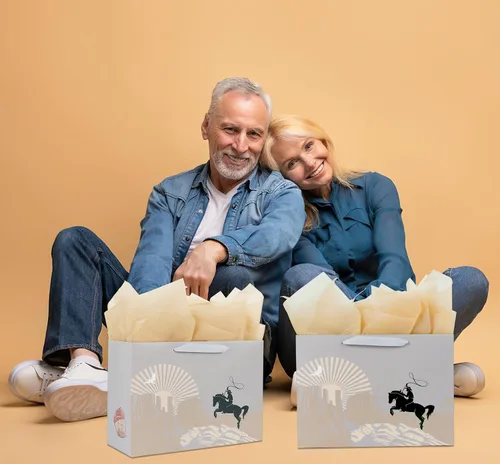 Vista 5 de ysmile Bolsa de regalo de vaquero para hombres y niños, bolsa de papel grande de 13 pulgadas, pañuelo, individual 1 paquete