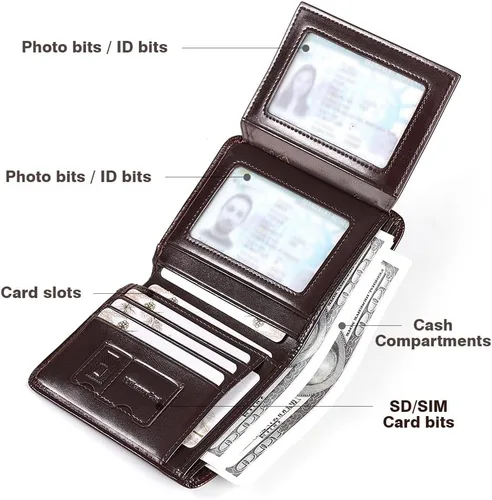 Vista 48 de Billetera de piel triple con bloqueo RFID para hombre con 2 ventanas de identificación, 2 compartimentos para efectivo, 6-8 ranuras para tarjetas
