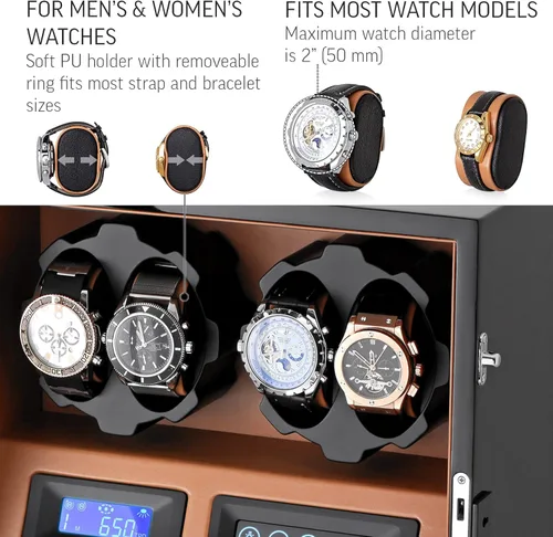 Vista 4 de Enrolladora de 4 relojes con 5 espacios de almacenamiento para relojes, pantalla LCD, control táctil y retroiluminación