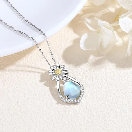 Vista 3 de Midir&Etain Collar de margaritas de plata de ley 925 con piedra lunar y lágrima, joyería floral de moda, regalos para mujeres y novias, Plata