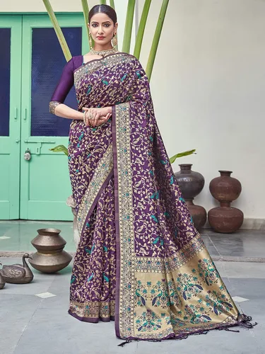 Vista 2 de Elina fashion Sari para mujer Banarasi Art - Sari tejido de seda Regalo de boda indio de diseñador con blusa sin costura