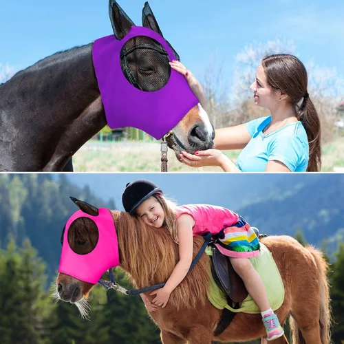 Vista 6 de Weewooday - 2 máscaras faciales de caballo con orejas, suaves y elásticas para moscas, cubierta de malla transpirable para los ojos, máscaras