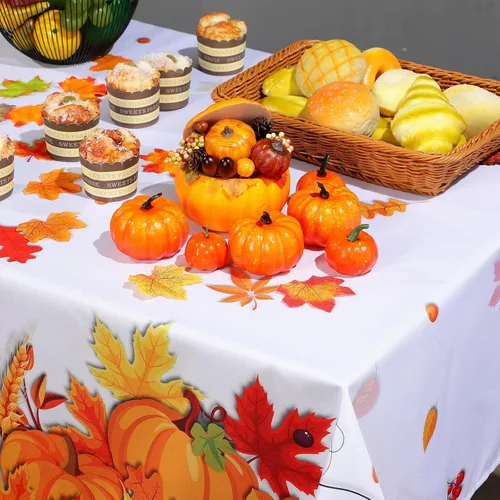 Vista 4 de Mantel de hojas de otoño de Acción de Gracias, tela de hoja de arce, impermeable, rectangular, mantel de calabaza, decoración de mesa de Acción