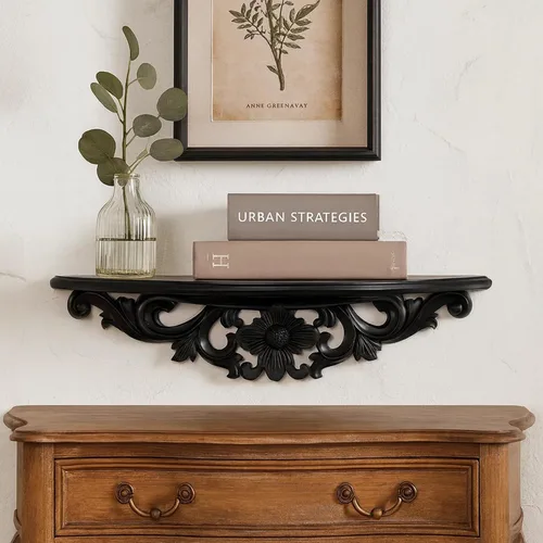 Vista 2 de Benjara - Estantería de pared de madera tallada a mano con diseño floral, color negro