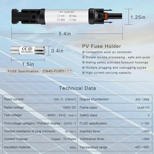 Vista 6 de Conector de fusible de panel solar de 15 A, resistente al agua IP68, portafusibles en línea de 1000 V, conector macho y hembra de 15 A
