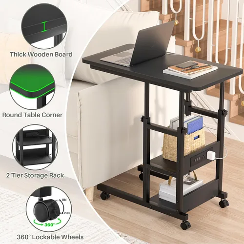 Vista 6 de Mesa auxiliar de altura ajustable con estación de carga, mesa auxiliar móvil para computadora portátil en forma de C con ruedas, mesa de sofá de 3