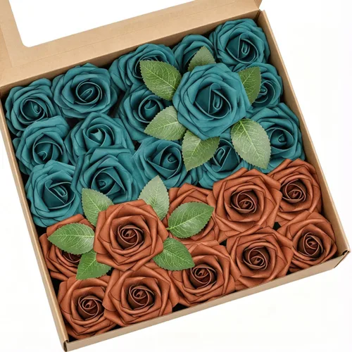 Vista 13 de Flores artificiales, 25 piezas, rosa artificial azul bebé para ramos de boda, centros de mesa, arreglos, flor falsa con tallos para decoración