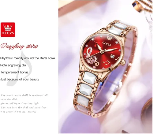Vista 4 de OLEVS Reloj de pulsera para mujer, oro rosa, elegante, de cerámica, para mujer, de cuarzo, acero inoxidable, impermeable, luminoso