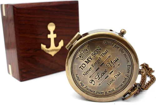 Vista 7 de Brass Compass with Wooden Case Engraved Compass from Mom to Son Graduation Gift, Birthday, Inspirational Travel Keepsake