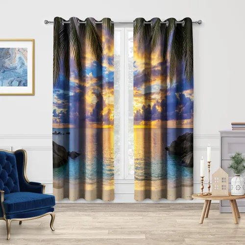 Vista 2 de Jekeno Cortinas opacas para oscurecer la habitación, con ojales, para ventana, atardecer, océano hawaiano, playa, tropical, palmera, decoración