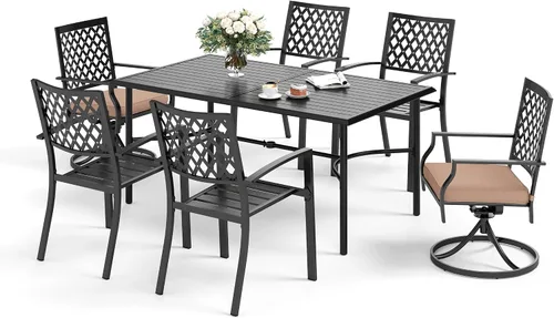Vista 25 de SUNSHINE VALLEY Juego de 7 sillas de comedor para patio, material metálico, 6 sillas de comedor de color teca rectangular con agujero para sombrilla