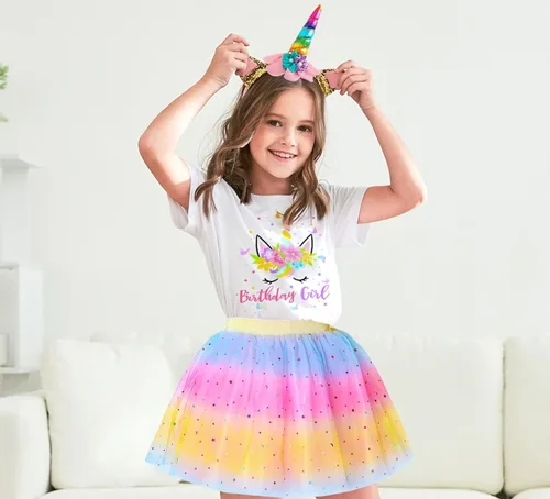 Vista 2 de Doctor Unicorn Conjunto de cumpleaños para niñas, vestido con falda de tutú, camiseta de unicornio, diadema y banda de satén