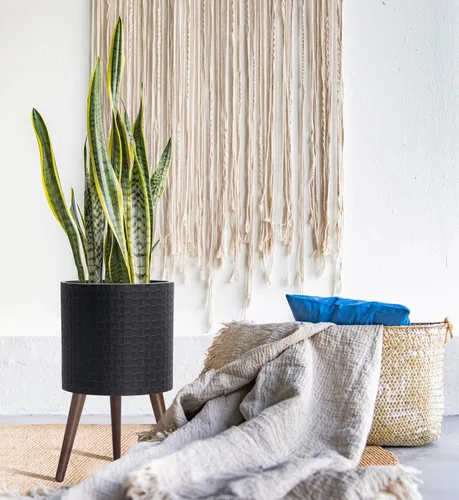 Vista 2 de D'vine Dev Maceta Elegante con Patrón de Azulejos Geométricos Modernos de 12 Pulgadas con Soporte, Portamacetas Decorativo para Interiores