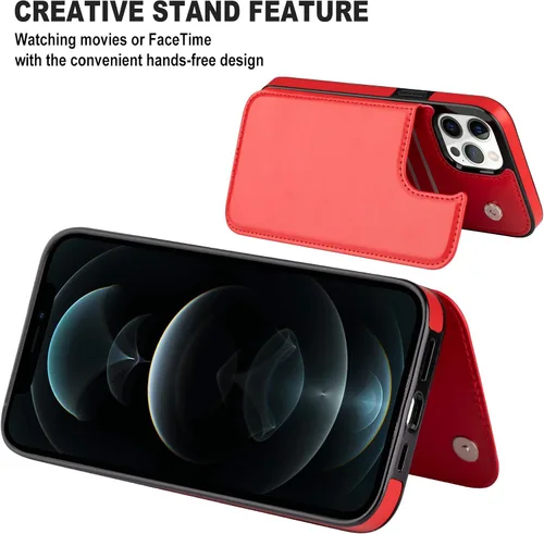 Vista 5 de Funda tipo cartera para iPhone 12 Pro Max, funda de piel sintética suave premium con función atril y función atril para iPhone 12 Pro Max de 6.7 Rojo