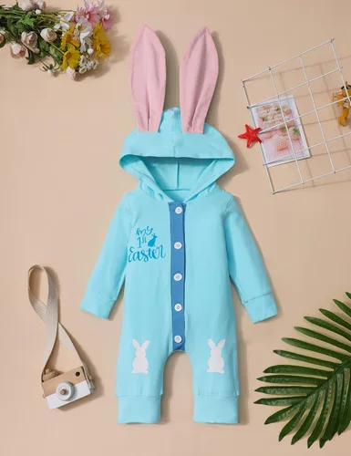 Vista 4 de Queenstyle Traje de Pascua para bebé niño, mameluco de manga larga con capucha y orejas de conejo para bebé niño