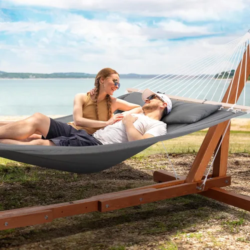 Vista 2 de SUNCREAT Soporte de hamaca de madera ajustable de 12 a 14 pies, solo soporte de hamaca de madera de alerce para exteriores, capacidad de 475 libras