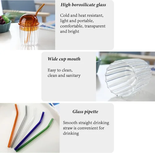 Vista 4 de TITA-DONG Lindos vasos para beber con tapa de cúpula y pajilla, vasos reutilizables de boca ancha para batidos de 15 onzas, vaso de vidrio para café