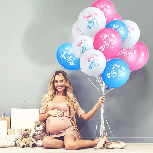 Vista 6 de 60 globos de revelación de género para niñas o niños, globos de látex para fiesta de revelación en blanco, rosa y azul, suministros para decoración