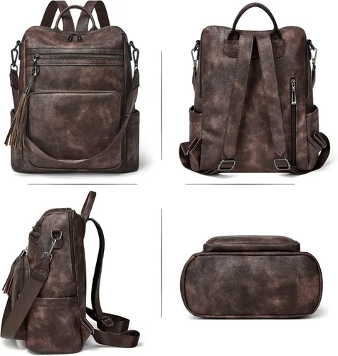 Vista 51 de OPAGE - Mochila de cuero para mujer, con borla de moda, bolso de hombro, mochila grande, bolsa de viaje, gris, L