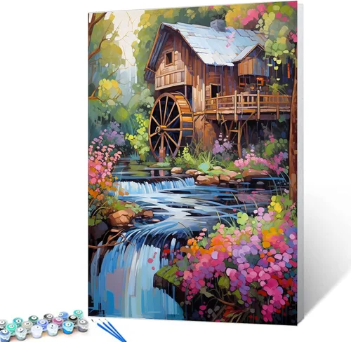 Vista 10 de Tucocoo Pintura de cabaña forestal por números para adultos, kits de pintura al óleo digital sobre lienzo con pinceles y pigmento acrílico, rueda