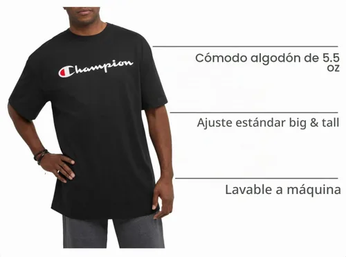 Vista 4 de Champion Men's Classic Script Graphic Short Sleeve T-Shirt, Standard Fit, Tonal Logo, Available in Regular and Big & Tall Negro