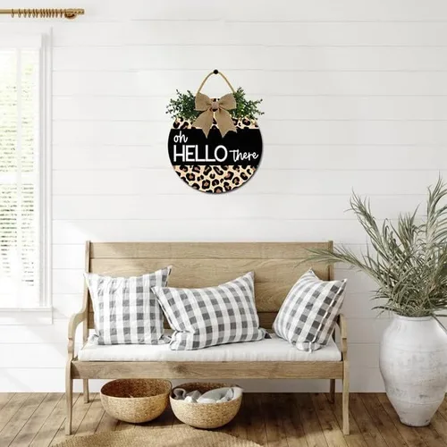 Vista 5 de Letrero con texto en inglés "Hello There" para puerta delantera, letrero de bienvenida para puerta de entrada, corona de madera redonda rústica