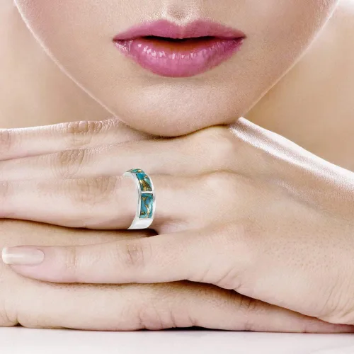 Vista 2 de Anillo turquesa de plata de ley 925 con piedras preciosas auténticas, tamaño 6 a 11
