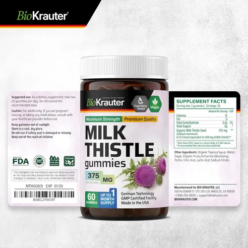 Vista 8 de BIO KRAUTER® Suplemento de cardo mariano para limpieza y desintoxicación del hígado, extracto de cardo mariano vegano para hombres y mujeres