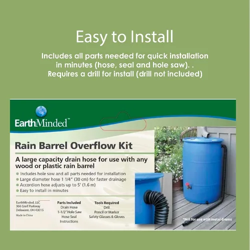 Vista 3 de EarthMinded - Kit de desbordamiento de barril de lluvia – Desvía el agua lejos de barriles de lluvia completos y de tu hogar – Este kit de eslabones