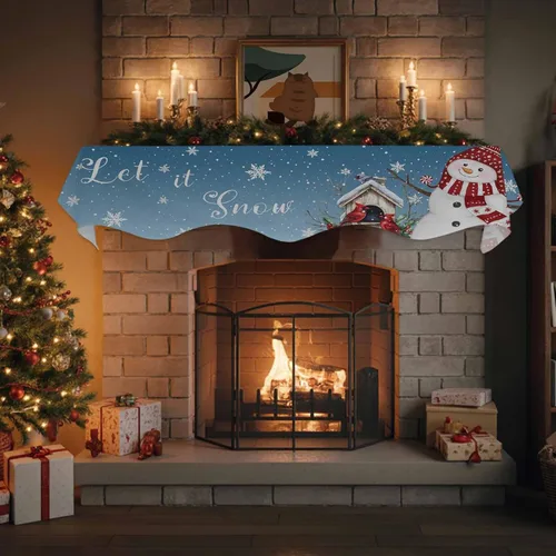 Vista 4 de Bufanda de chimenea de Navidad con diseño de muñeco de nieve de Navidad, copos de nieve, pájaros, chimenea, estante superior, bufanda, camino