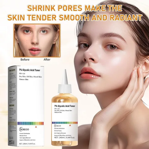 Vista 5 de Tónico exfoliante de ácido glicólico al 7%, tónico facial exfoliante, tóner minimizador de poros, piel suave, tono uniforme, fórmula hidratante