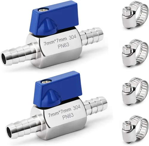 Vista 12 de Paquete de 2 mini válvulas de bola de acero inoxidable 304 con púas de identificación de manguera de 1/2 pulgada, kit de abrazaderas para agua