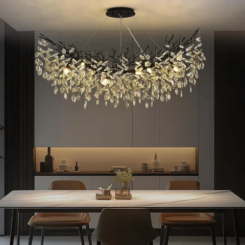Vista 22 de Candelabro rectangular con ramas de árbol de cristal, L40 pulgadas, Mpdern de lujo cromado lineal Art Deco con forma de gota de lluvia para cocina