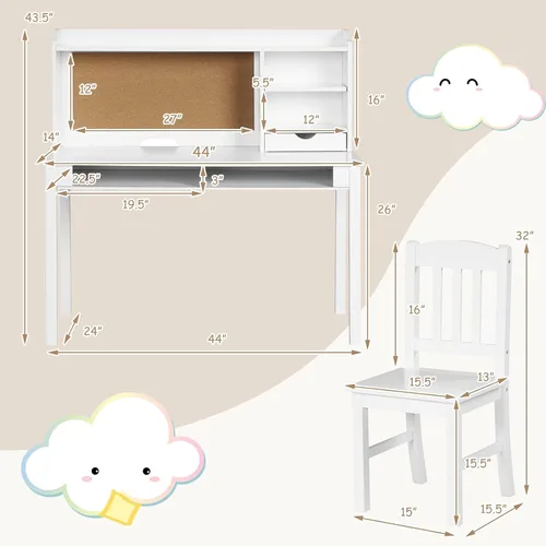 Vista 6 de Costzon Juego de escritorio y silla para niños, escritorio de estudio para niños con silla, gabinete, almacenamiento, cajones, estantes, tablero
