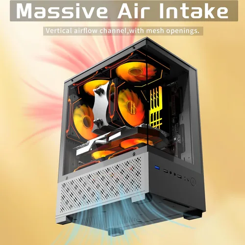 Vista 3 de Carcasa Micro ATX, carcasa MATX, ITX para PC con ventilador ARGB de 2 x 120 mm preinstalado, panel frontal y lateral de vidrio templado panorámico