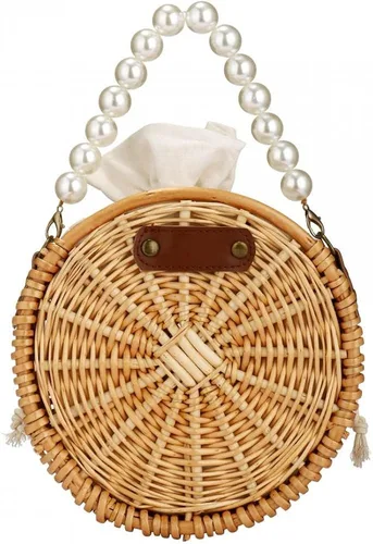Vista 8 de Bolso de playa para mujer, bolso de mimbre rectangular tejido a mano, bolso de mimbre con perlas, bolso retro de paja de verano