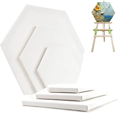 Vista 8 de Lienzo hexagonal en blanco estirado para pintar tableros de lienzo blanco con marco, juego de 3 lienzos (8/6/4 pulgadas), suministros de pintura
