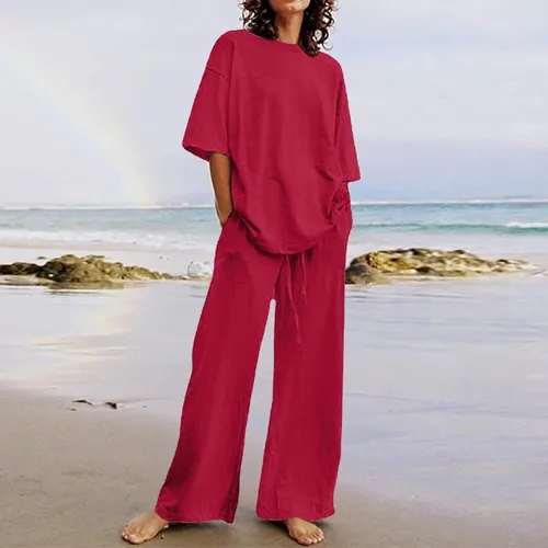 Vista 46 de Conjuntos de verano de 2 piezas para mujer, conjuntos elegantes y casuales de color liso, para verano, otoño, cuello redondo, tops y pantalones