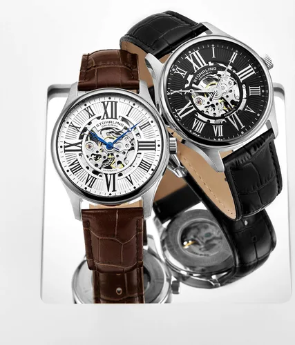Vista 3 de Stuhrling Original Reloj de vestir mecánico de esqueleto atrium para hombre con correa de cuero de primera calidad