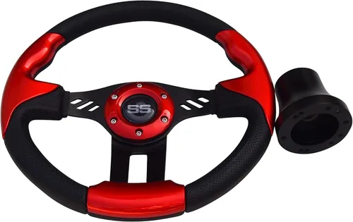 Vista 5 de Huskey E-Z-GO - Volante rojo con radios cepillados, agarre de textura de fibra de carbono, adaptador de cubo negro mate para medallista TXT RXV