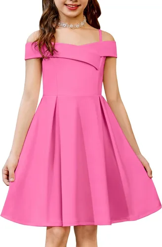 Vista 16 de Arshiner Vestido de verano para niñas con hombros descubiertos, plisado, formal, elegante Azul
