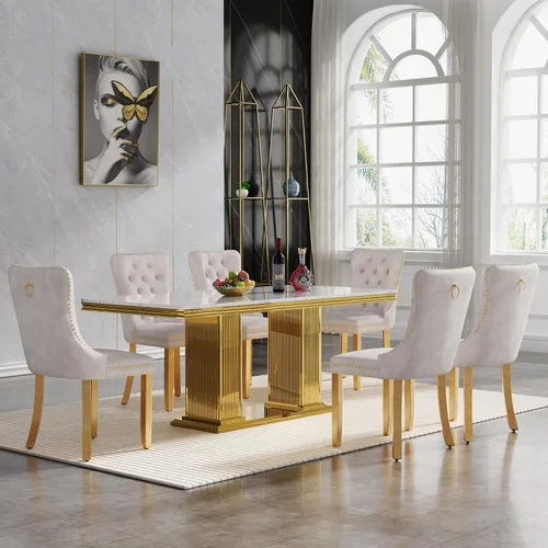 Vista 10 de Juego de mesa de comedor de 5 piezas para 4, mesa de cocina de mármol negro de 68 pulgadas con 4 sillas beige, mesa de comedor rectangular moderna