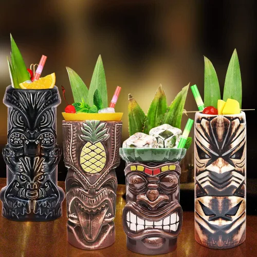 Vista 5 de LINALL Tiki Mugs - Juego de 4 vasos grandes de cerámica hawaiana Luau para fiesta, lindos vasos de cóctel exóticos, Tiki Bar profesional hawaiano