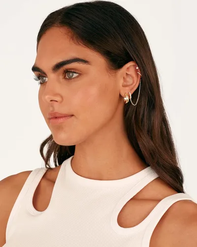 Vista 5 de PAVOI Aretes de cadena de oro de 14 quilates para mujer Aretes de aro de doble piercing Aretes de aro de perlas de circonita cúbica para mujer